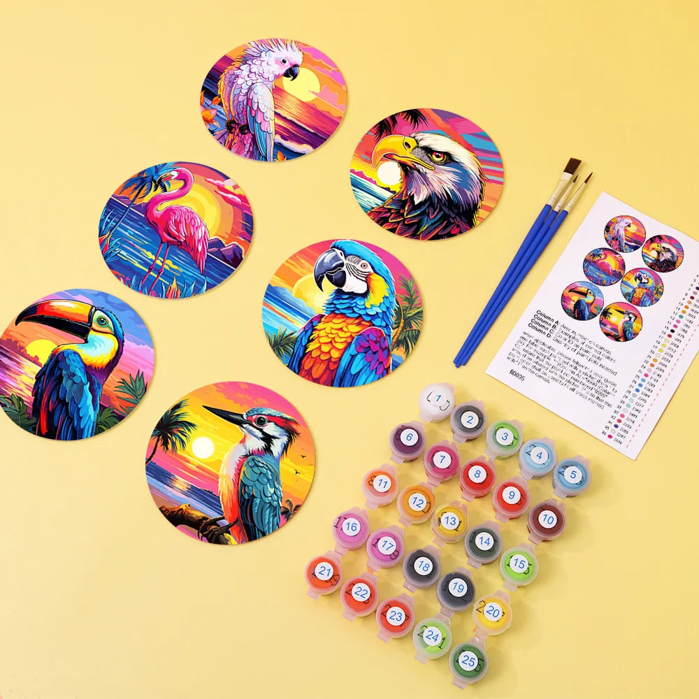 Colorful Birds Paint By Numbers Coaster Set